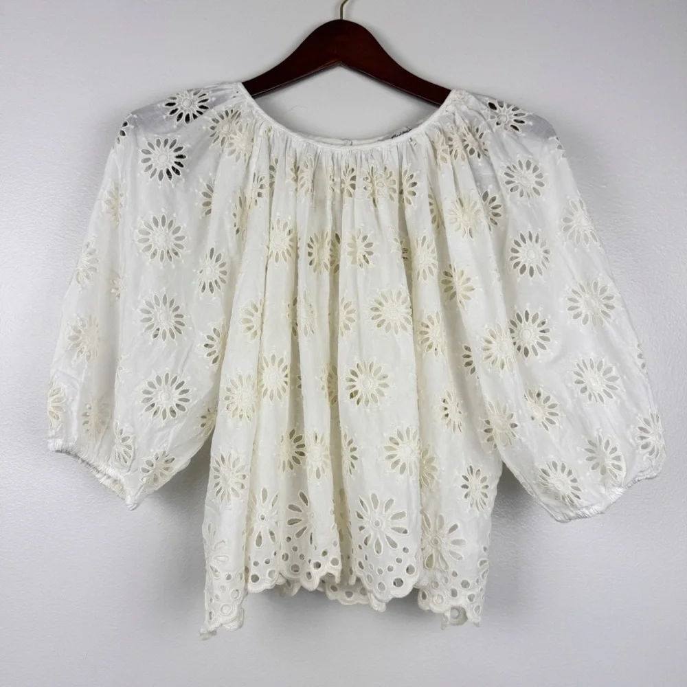 Madewell Embroidered Floral Cutouts Cotton Puff-Sleeve Top Cream Size M NWT